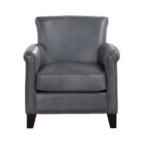 Classic Traditional Accent Chair one piece Solid Wood frame Burnish Gray Top-Grain Leather Nailhead Trim Living Room Furniture