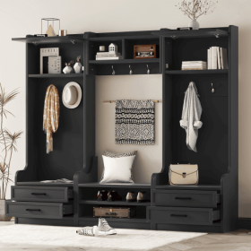 4-in-1 Detachable Hall Tree With Storage And 7 Hooks, Multiple Functions Hallway Coat Rack With Storage Drawers And Cabinet, Black Shoe Bench For Entr (Color: Black)