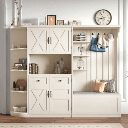 Multifunctional Left-right Combination Hall Cabinet  Can Be Used Separately  With Storage And 4 Hooks, Storage Cabinet Hall Tree 2 In 1 For Living Roo (Color: Beige)