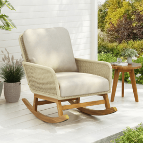 Contemporary Minimalist Ivory Wicker Rocking Chair With Soft Polyester Cushions And Durable Wooden Frame, Perfect For Indoor And Outdoor Spaces Like P (Option: Ivory-1pcs)