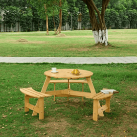 Outdoor 6 Person Picnic Table, 6 Person Round Picnic Table With 3 Built-in Benches, Umbrella Hole, Outside Table And Bench Set For Garden, Backyard, P (Option: Natural)