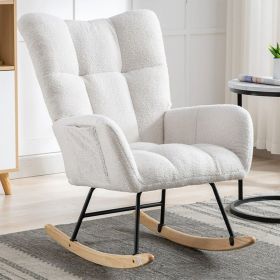 Rocking Chair With Pocket, Soft Teddy Fabric Rocking Chair For Nursery, Comfy Wingback Golider Rocking Chair With Safe Solid Wood Base For Living Room (Color: White)
