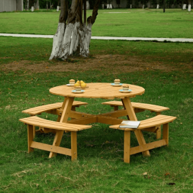 Outdoor 8 Person Picnic Table, 8 Person Round Picnic Table With 4 Built-in Benches, Umbrella Hole, Outside Table And Bench Set For Garden, Backyard, P (Option: Natural)
