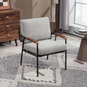 Modern Accent Chair With Natural Wood Armrests And Black Metal Frame, Light Beige Upholstered Seat And Backrest, Comfortable Lounge Chair For Bedroom, (Color: Grey)