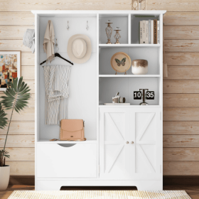 Multi-functional Hall Tree With Storage Shelves Drawers And Cabinet, Elegant Hallway Shoe Cabinet With Bench, Modern Coat Rack With Hooks For Hallway (Option: Soft White)
